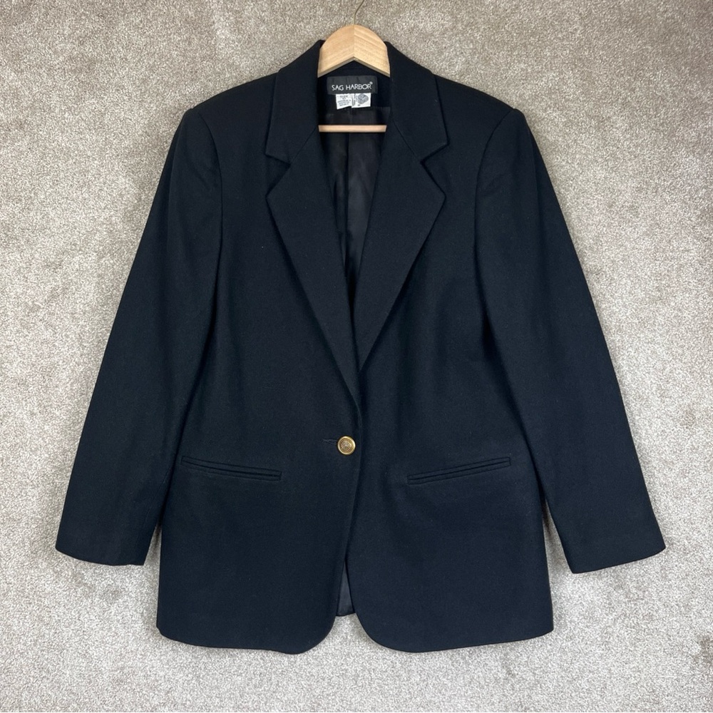 Sag Harbor Jacket Womens 10 Black Wool Button Front Lined Blazer- 4267
